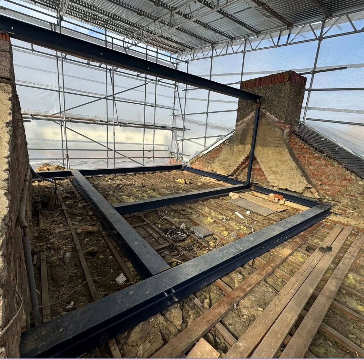 Structural steelwork during construction